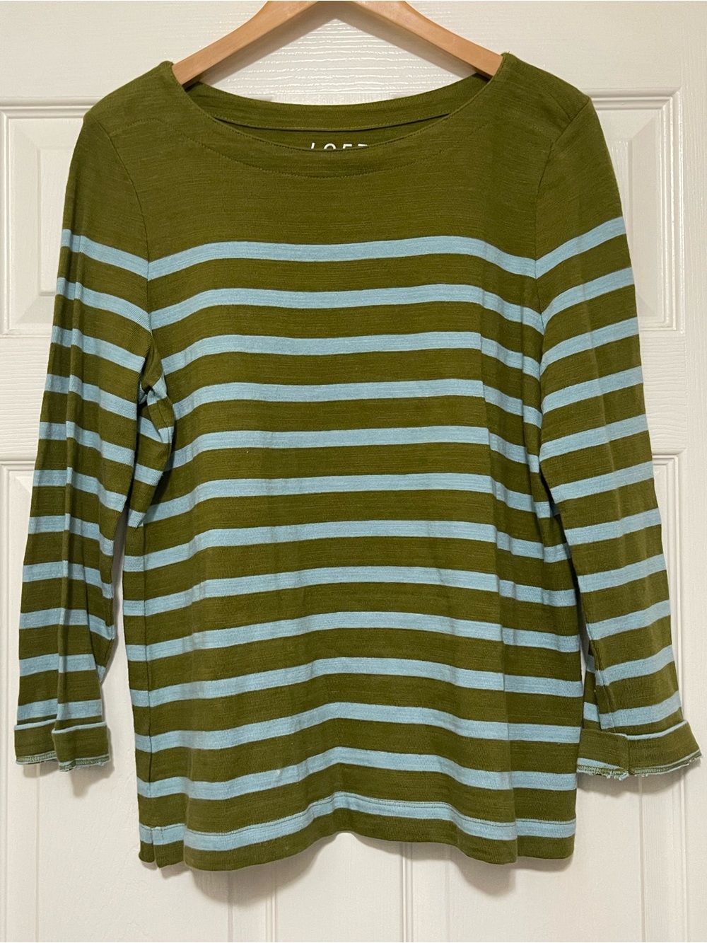 LOFT Olive & Light Blue Striped Long-Sleeve Tee